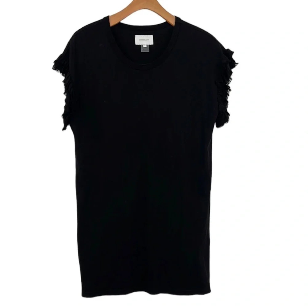 Current/Elliott V Neck Fringe Sleeve Short Sleeve Shirt Dress Black Womens 1 Sm